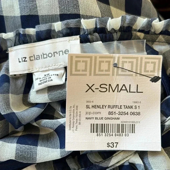 Liz Claiborne NWT Henley Ruffle Tank Navy Blue Gingham XS - Picture 12 of 16